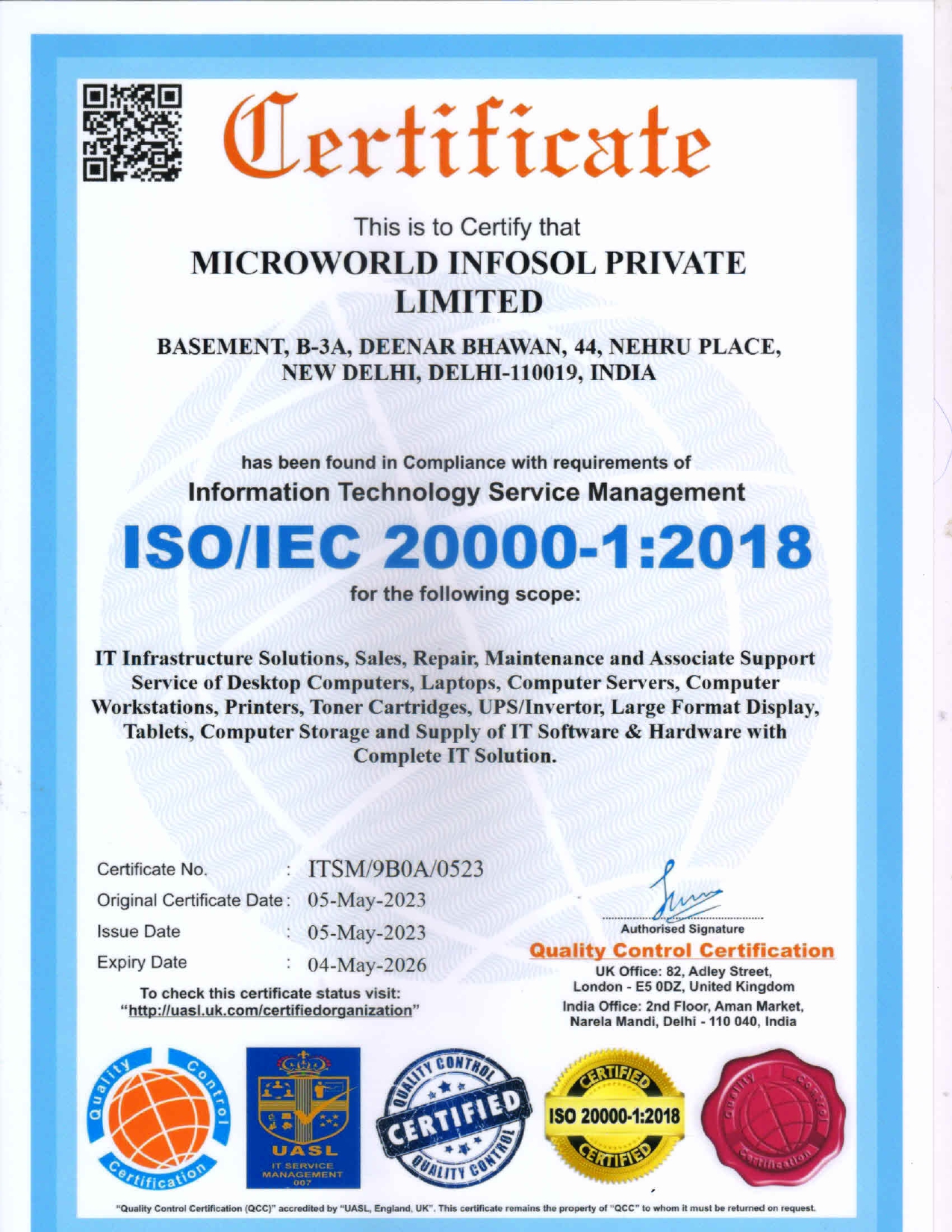 Microworld Infosol's certification for excellence for Information Technology Service Management, showcasing our commitment to high-quality products and services.