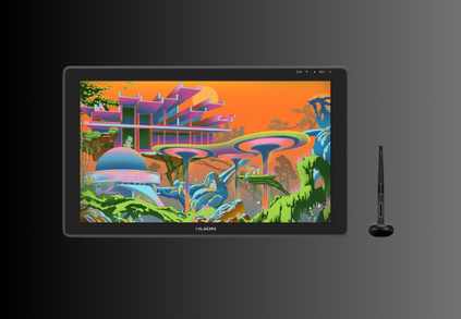 Huion graphic tablet displayed on a desk with a stylus pen, showcasing its sleek design and advanced features