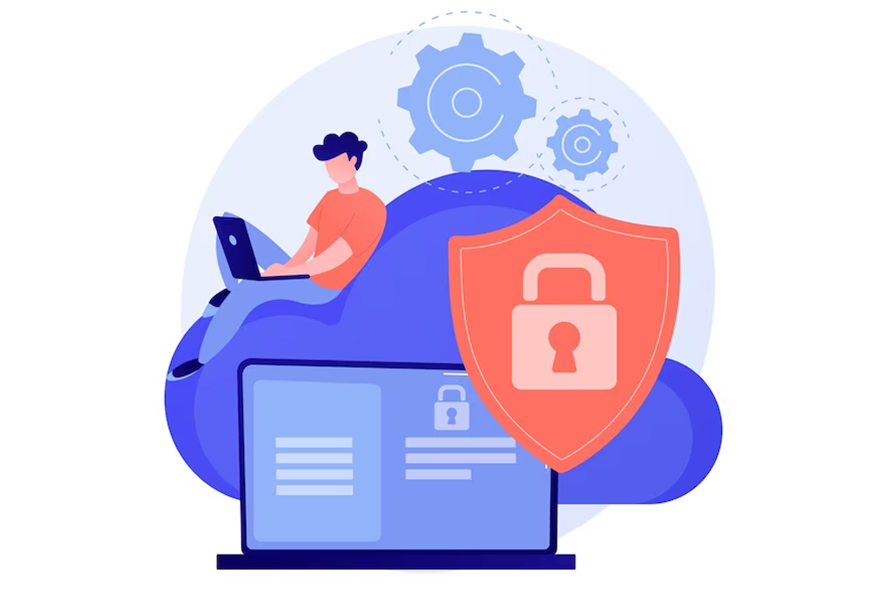 Illustration of cloud security showing a secure digital environment with icons of locks and clouds.