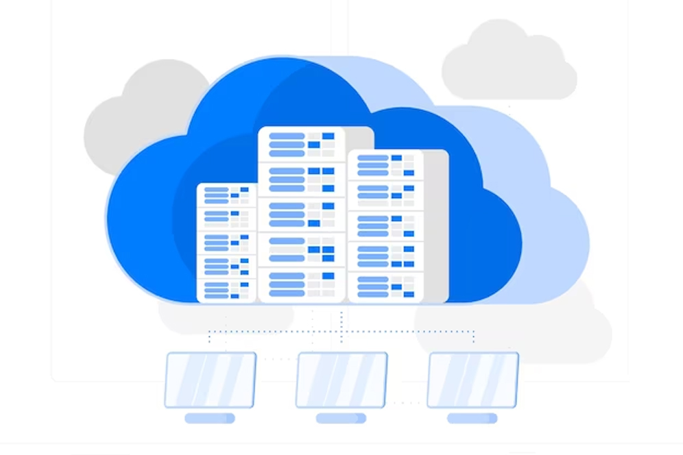 Illustration of cloud services with various interconnected digital devices and a central cloud icon.