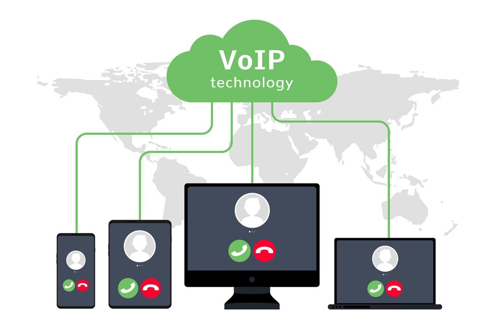 Modern VOIP network illustration showing interconnected digital communication technology.